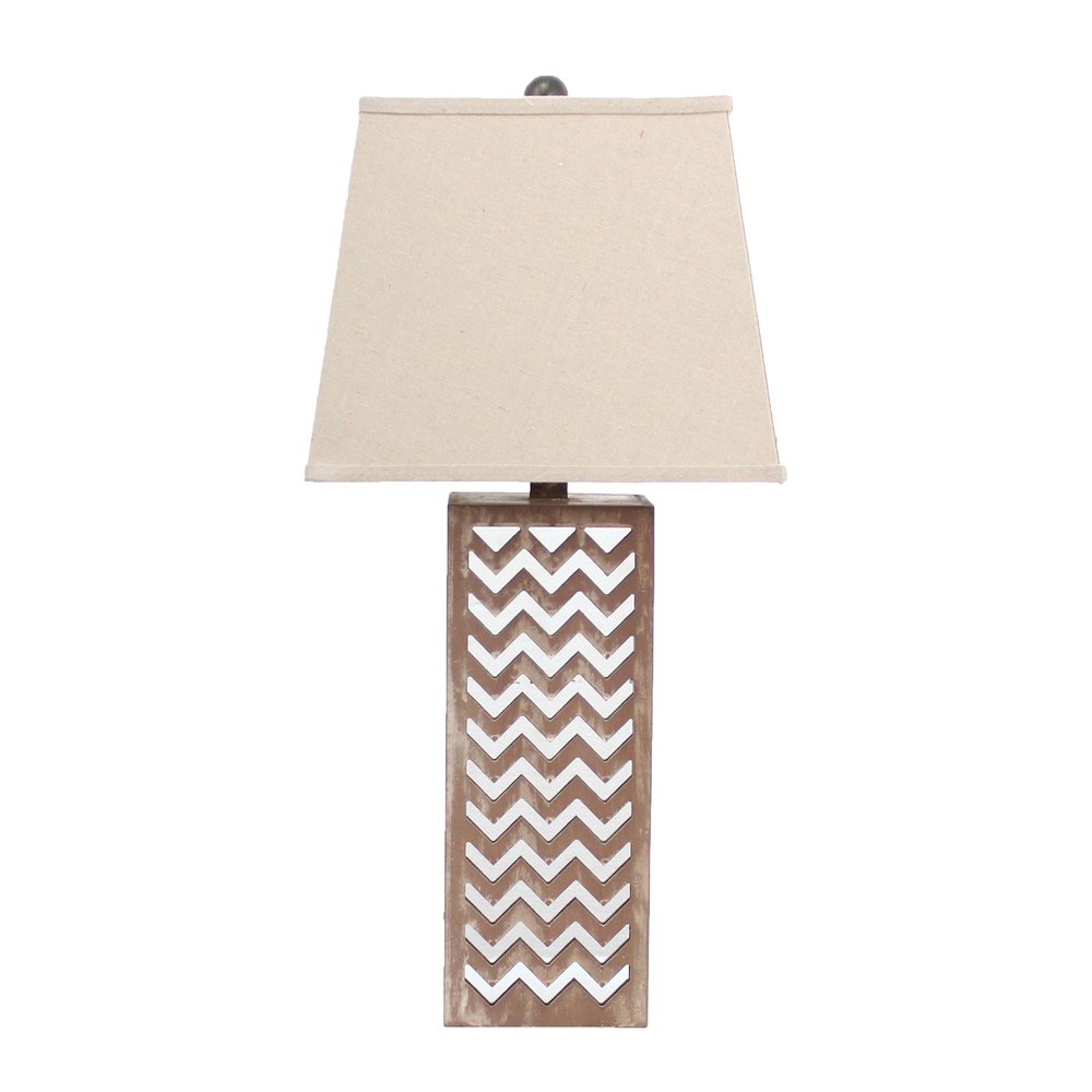 28" Distressed Natural And Silver Metal Bedside Lamp With Beige Cone Shade HomeRoots