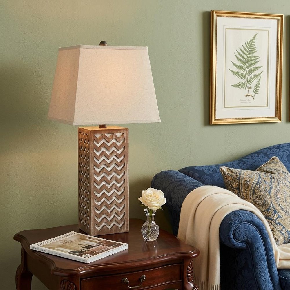 28" Distressed Natural And Silver Metal Bedside Lamp With Beige Cone Shade HomeRoots