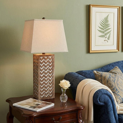 28" Distressed Natural And Silver Metal Bedside Lamp With Beige Cone Shade HomeRoots