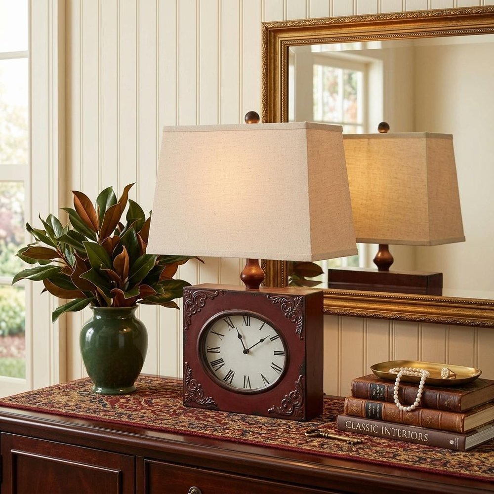 22" Distressed Red Metal Bedside Lamp With Beige Shade HomeRoots