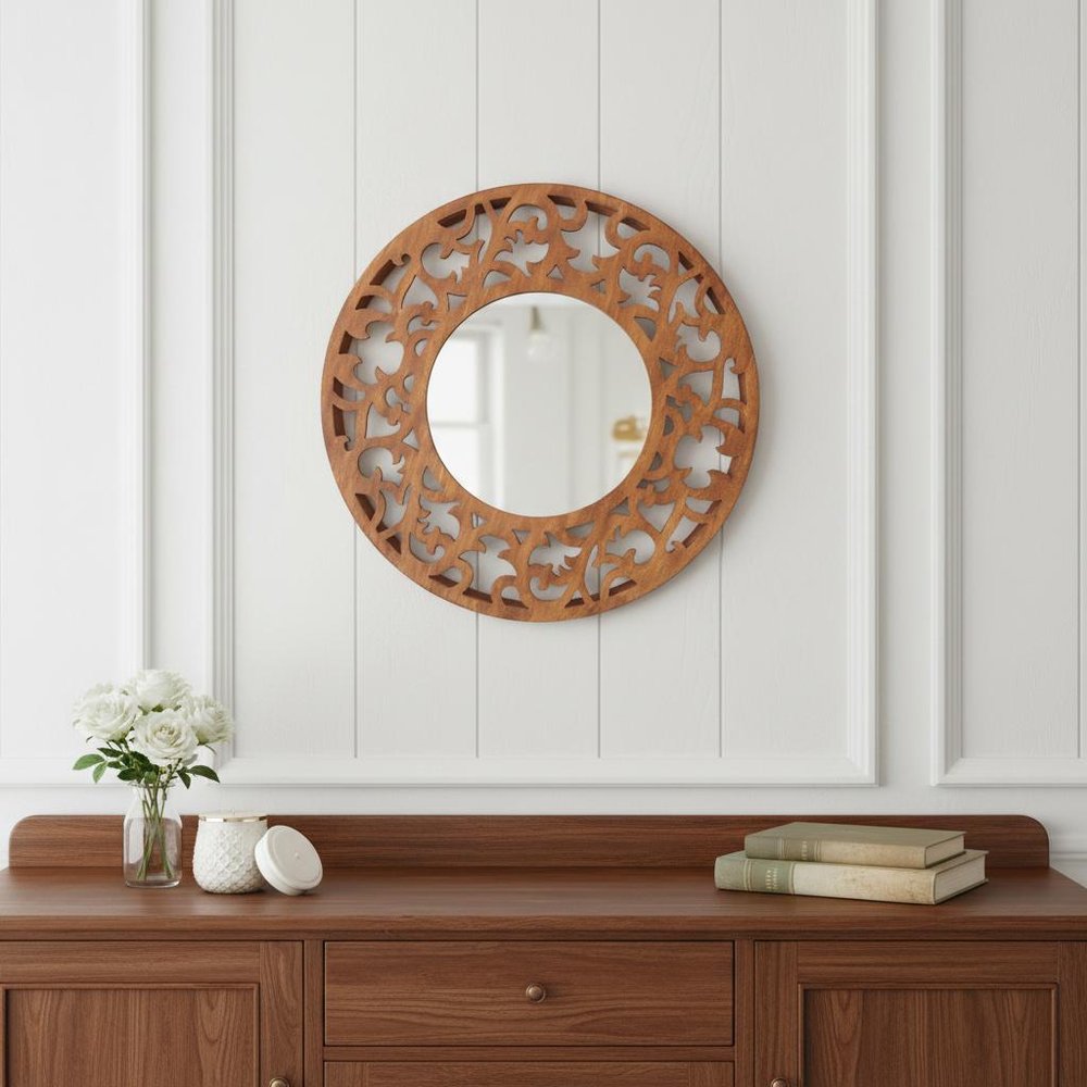 24" Brown Round Wood Framed Accent Mirror HomeRoots