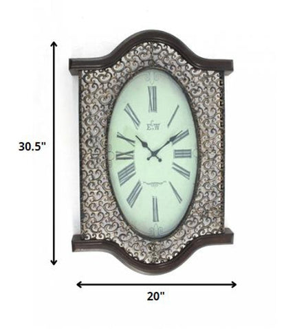 20" Oval Antiqued Bronze Wood and Glass Analog Wall Clock HomeRoots