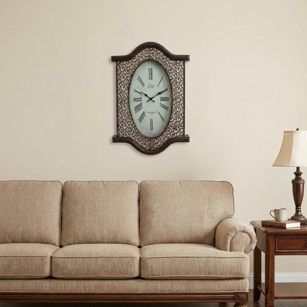 20" Oval Antiqued Bronze Wood and Glass Analog Wall Clock HomeRoots