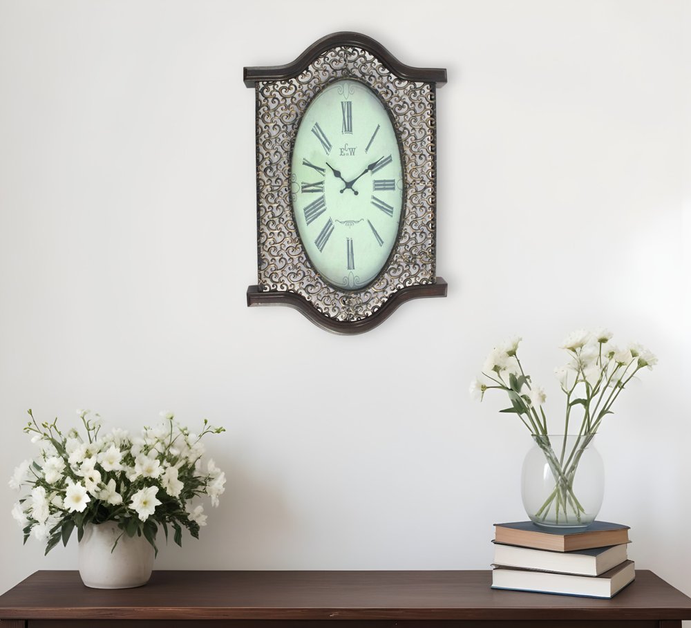 20" Oval Antiqued Bronze Wood and Glass Analog Wall Clock HomeRoots