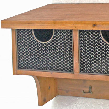 Brown Rustic Wooden Wall Shelf With 3 Drawers And Hooks HomeRoots