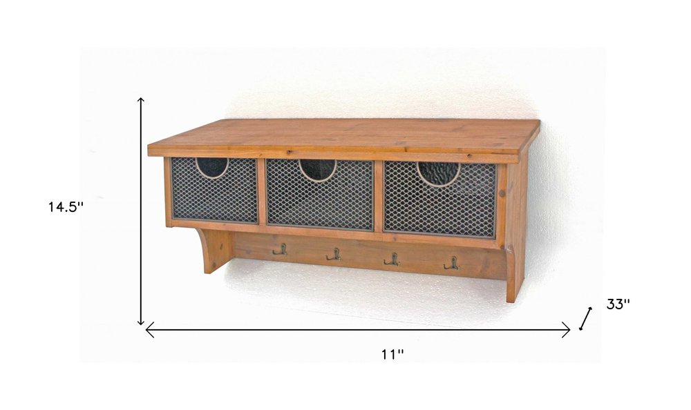 Brown Rustic Wooden Wall Shelf With 3 Drawers And Hooks HomeRoots