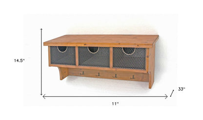 Brown Rustic Wooden Wall Shelf With 3 Drawers And Hooks HomeRoots