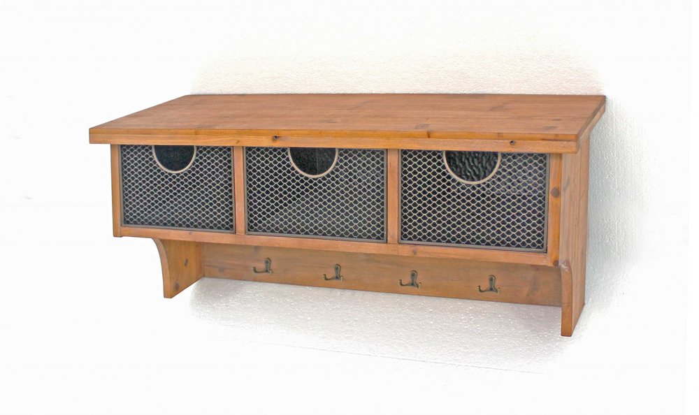 Brown Rustic Wooden Wall Shelf With 3 Drawers And Hooks HomeRoots
