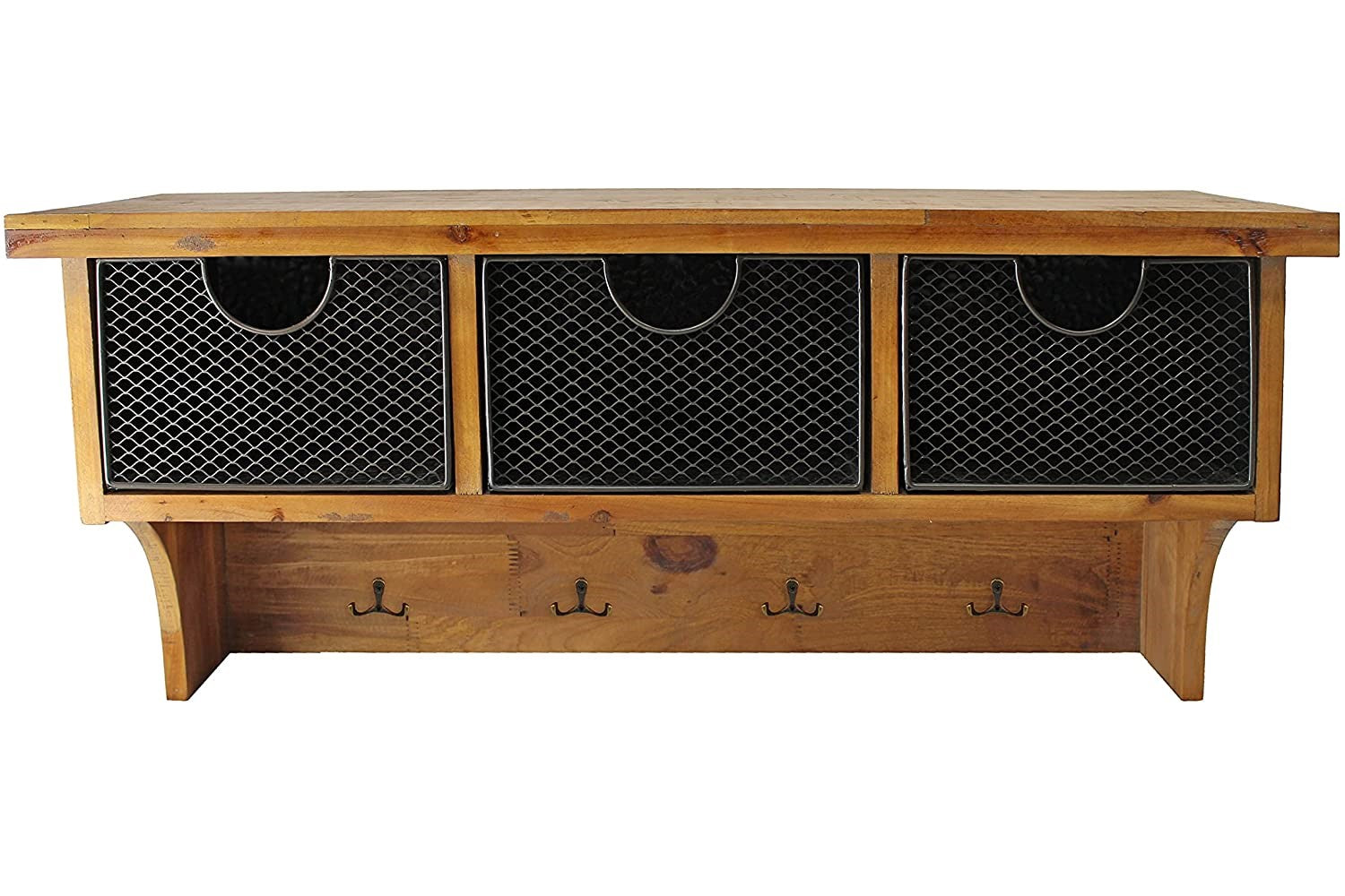 Brown Rustic Wooden Wall Shelf With 3 Drawers And Hooks HomeRoots