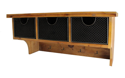 Brown Rustic Wooden Wall Shelf With 3 Drawers And Hooks HomeRoots
