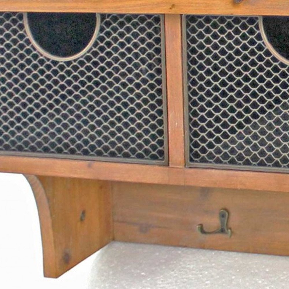 Brown Rustic Wooden Wall Shelf With 3 Drawers And Hooks HomeRoots