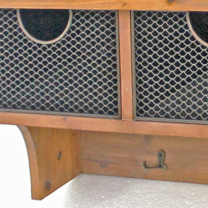 Brown Rustic Wooden Wall Shelf With 3 Drawers And Hooks HomeRoots