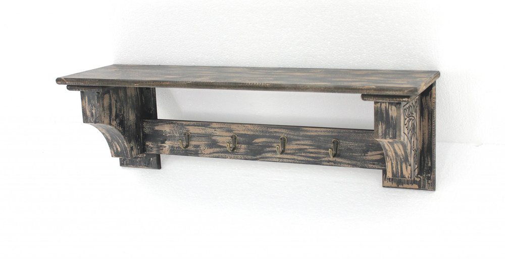 30" Black Distressed Wood Four Hook Wall Mounted Hanging Coat Rack HomeRoots