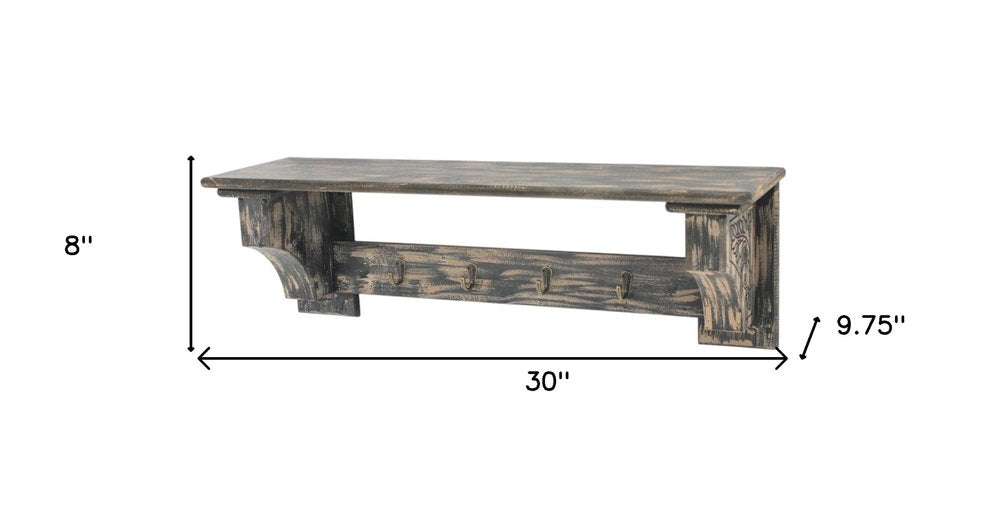 30" Black Distressed Wood Four Hook Wall Mounted Hanging Coat Rack HomeRoots