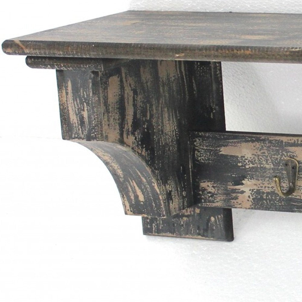 30" Black Distressed Wood Four Hook Wall Mounted Hanging Coat Rack HomeRoots