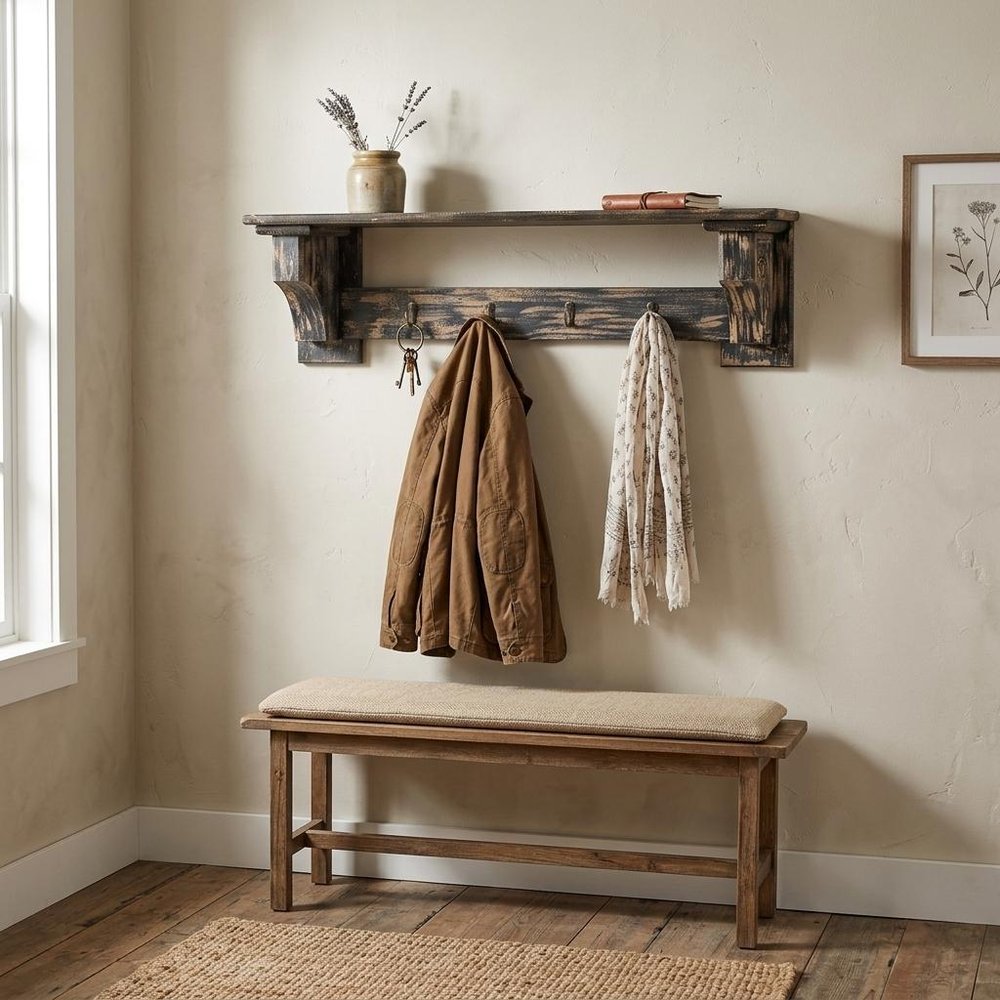 30" Black Distressed Wood Four Hook Wall Mounted Hanging Coat Rack HomeRoots
