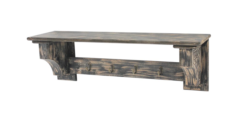 30" Black Distressed Wood Four Hook Wall Mounted Hanging Coat Rack HomeRoots