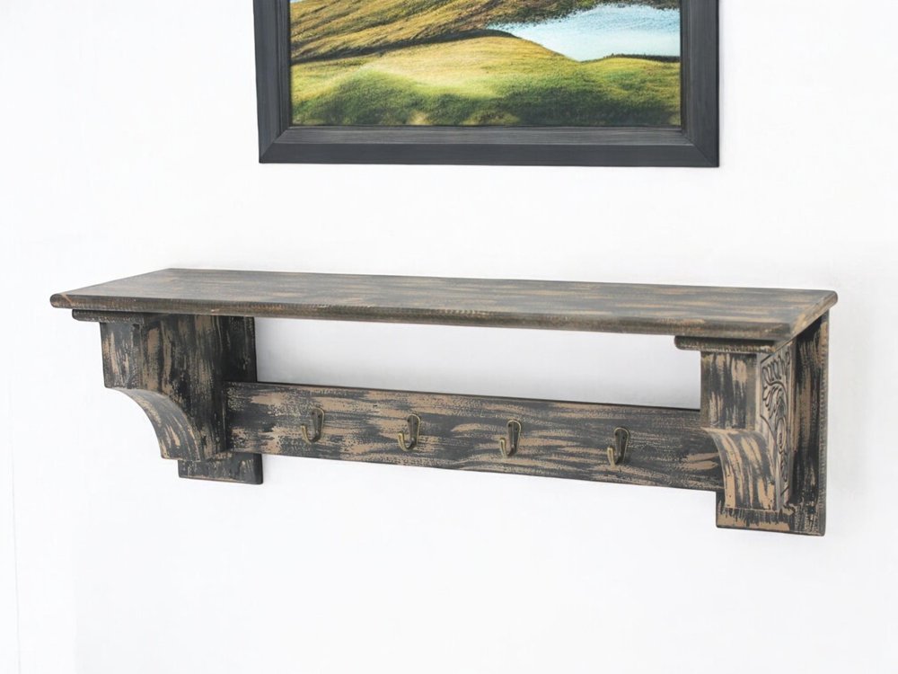 30" Black Distressed Wood Four Hook Wall Mounted Hanging Coat Rack HomeRoots