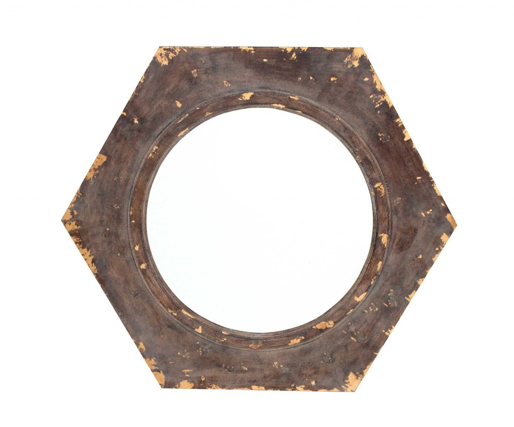 24" Bronze Hexagon Distressed Wood Framed Accent Mirror HomeRoots