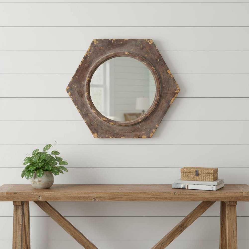 24" Bronze Hexagon Distressed Wood Framed Accent Mirror HomeRoots