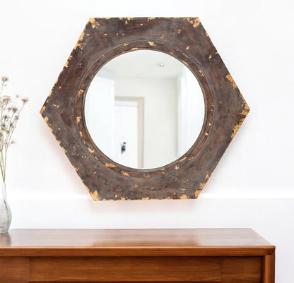 24" Bronze Hexagon Distressed Wood Framed Accent Mirror HomeRoots