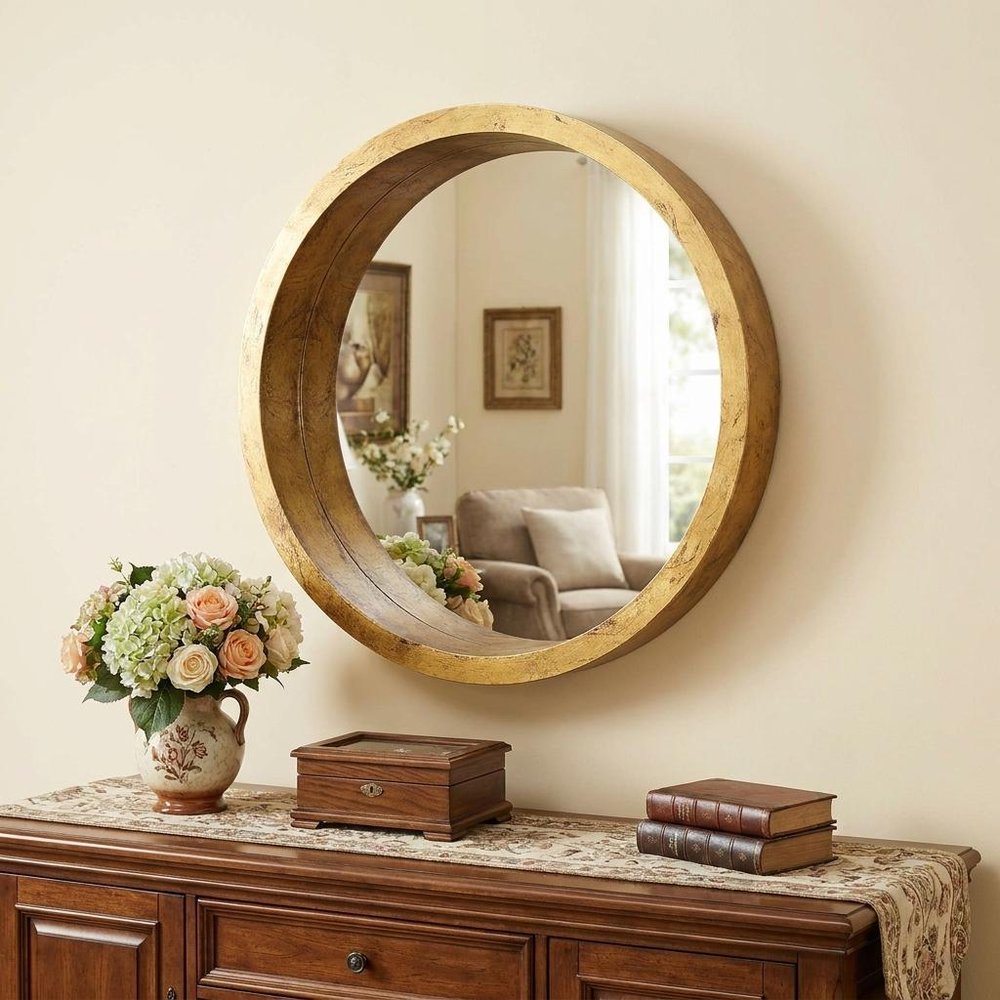 36" Gold Round Solid Wood Framed Accent Mirror HomeRoots