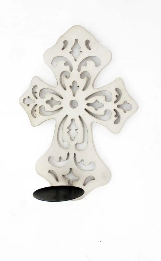 15.5 X 5 X 11 White Wooden Cross - Candle Holder Sconce HomeRoots
