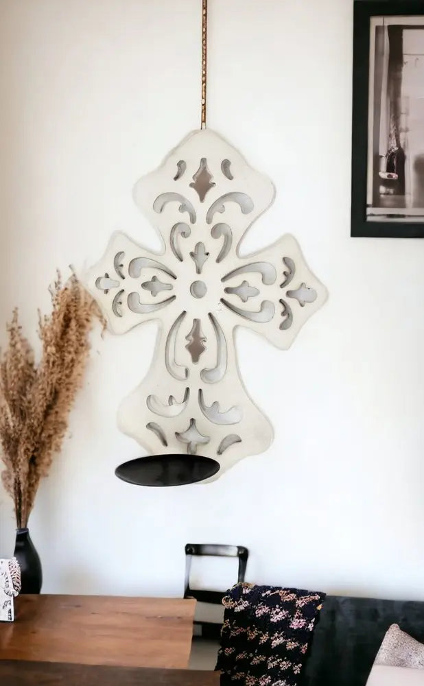 15.5 X 5 X 11 White Wooden Cross - Candle Holder Sconce HomeRoots