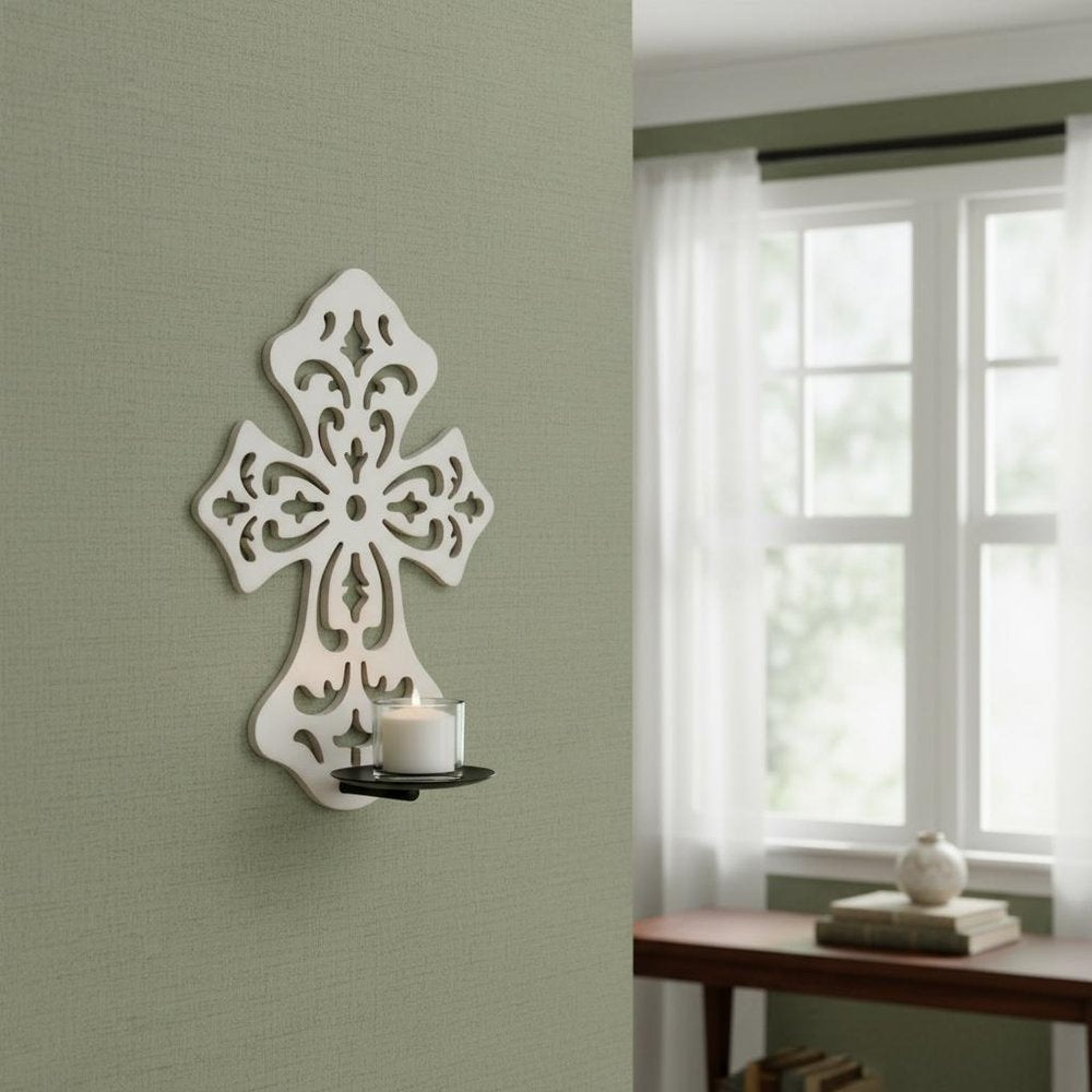 11" White Floral Solid Wood Wall Sconce Candle Holder HomeRoots