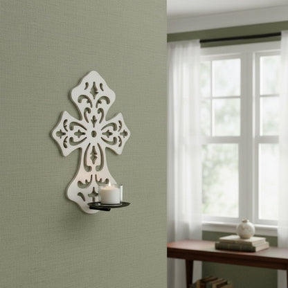 11" White Floral Solid Wood Wall Sconce Candle Holder HomeRoots