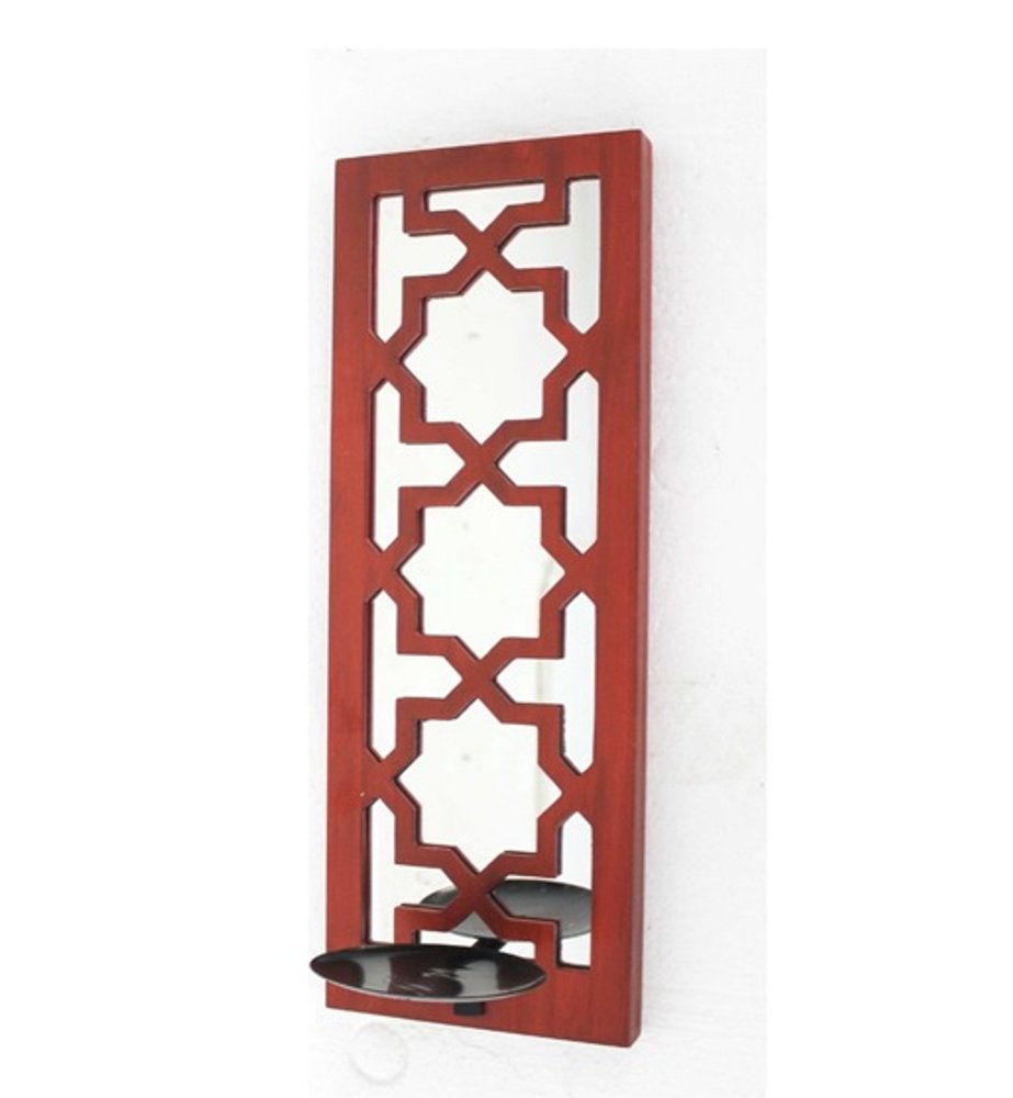 17" Red And Silver Lattice Solid Wood Wall Sconce Candle Holder HomeRoots