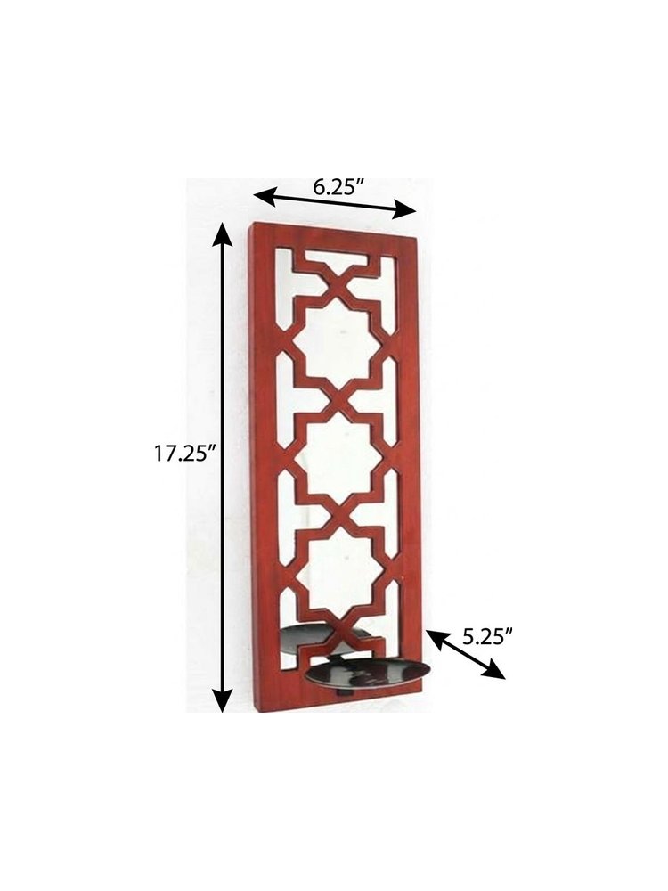 17" Red And Silver Lattice Solid Wood Wall Sconce Candle Holder HomeRoots