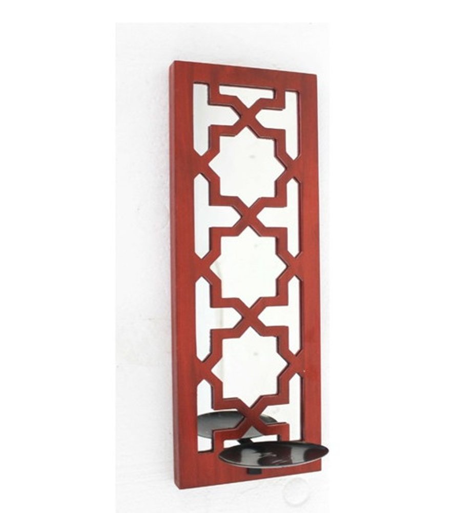17" Red And Silver Lattice Solid Wood Wall Sconce Candle Holder HomeRoots