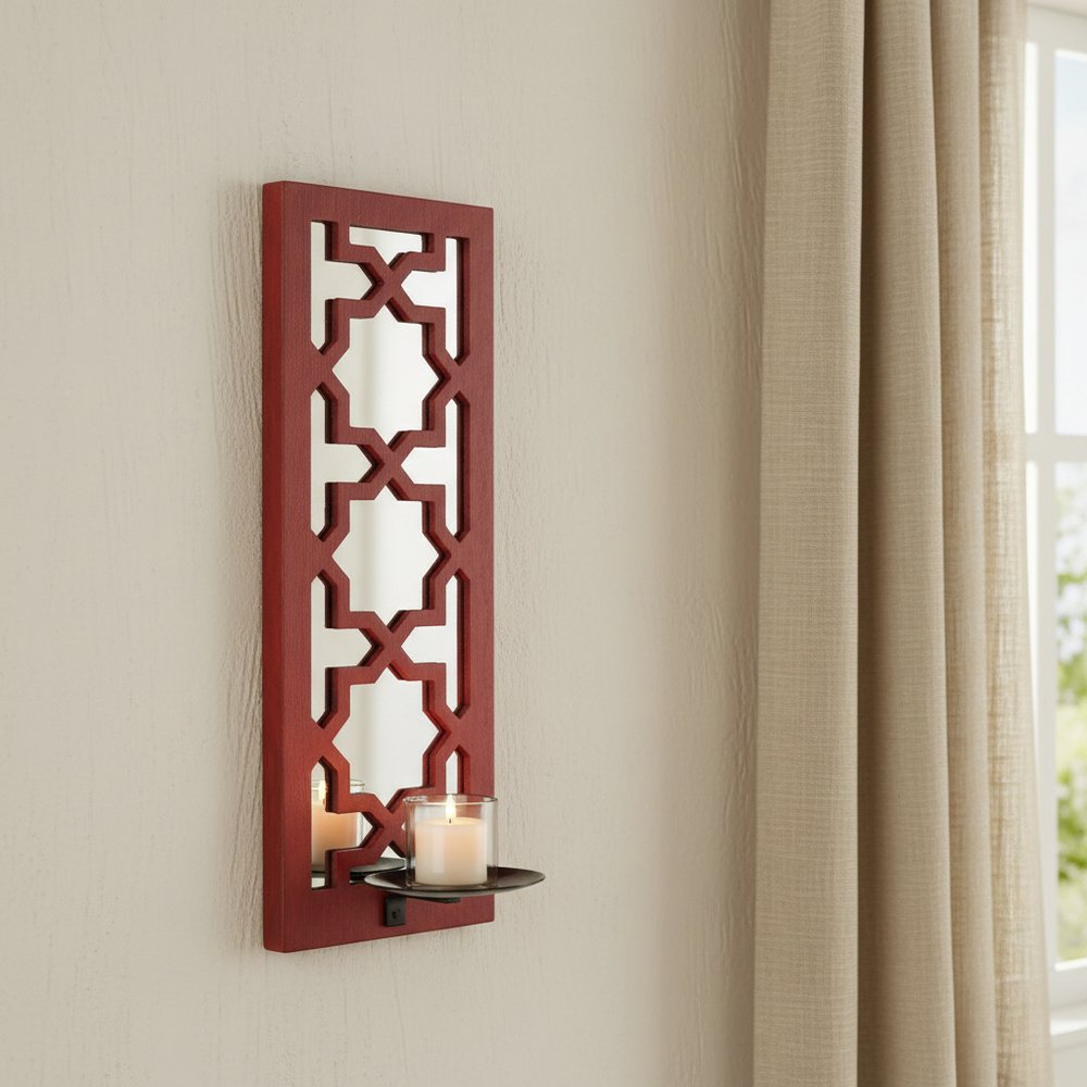 17" Red And Silver Lattice Solid Wood Wall Sconce Candle Holder HomeRoots