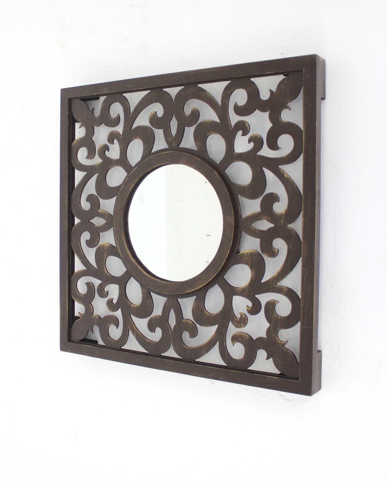 24" Brown Circle In Square Vintage Style Framed Accent Mirror HomeRoots