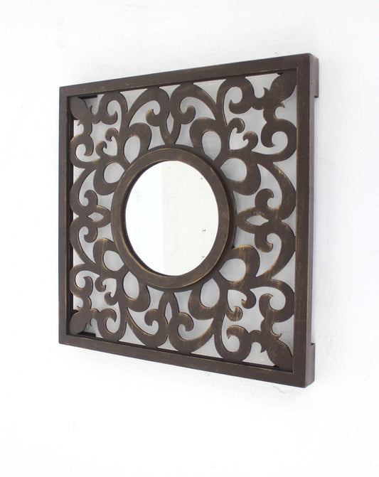 24" Brown Circle In Square Vintage Style Framed Accent Mirror HomeRoots