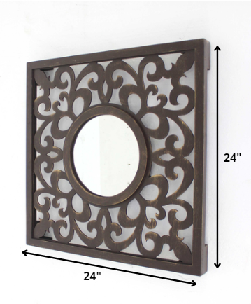 24" Brown Circle In Square Vintage Style Framed Accent Mirror HomeRoots