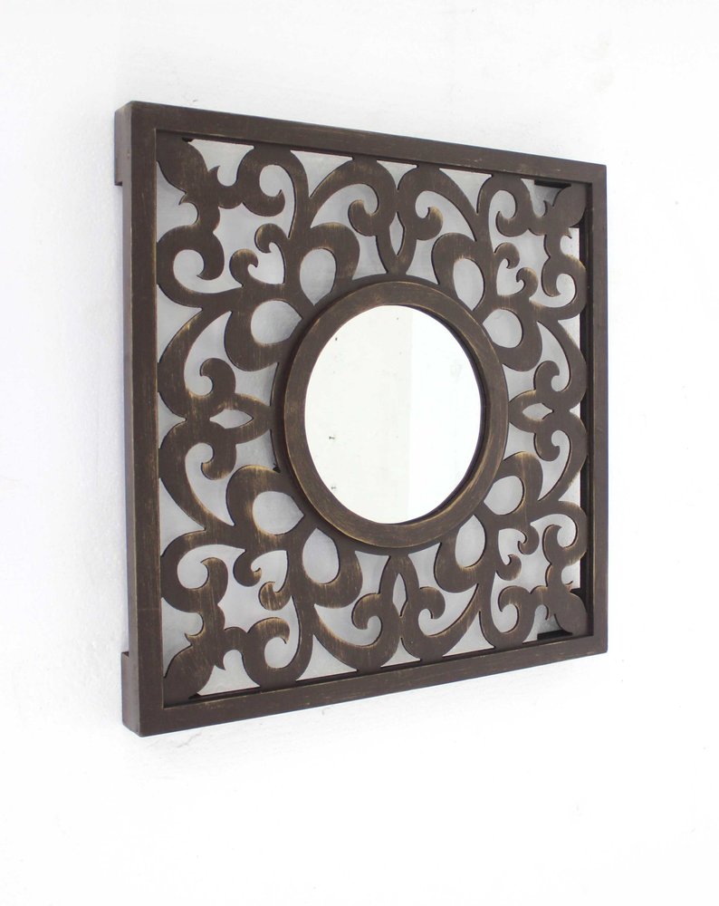 24" Brown Circle In Square Vintage Style Framed Accent Mirror HomeRoots