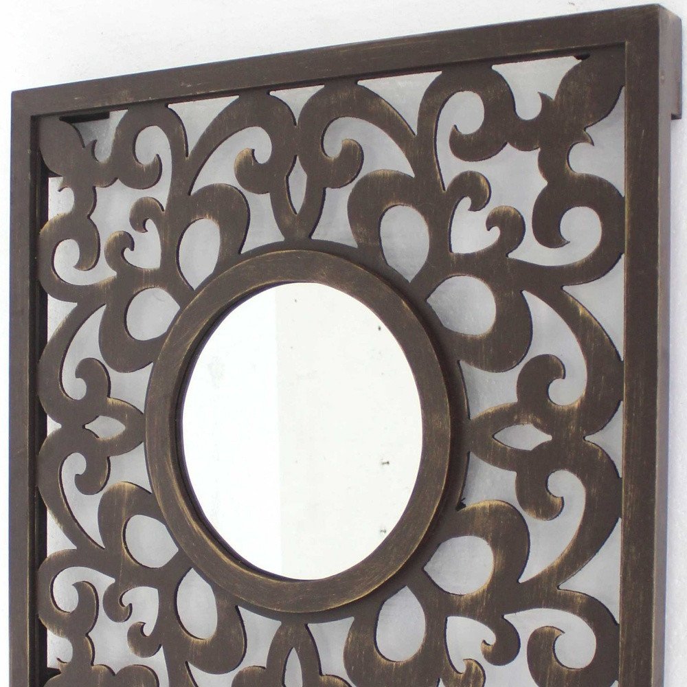 24" Brown Circle In Square Vintage Style Framed Accent Mirror HomeRoots