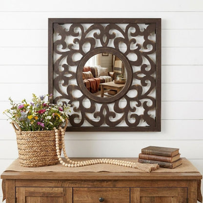 24" Brown Circle In Square Vintage Style Framed Accent Mirror HomeRoots
