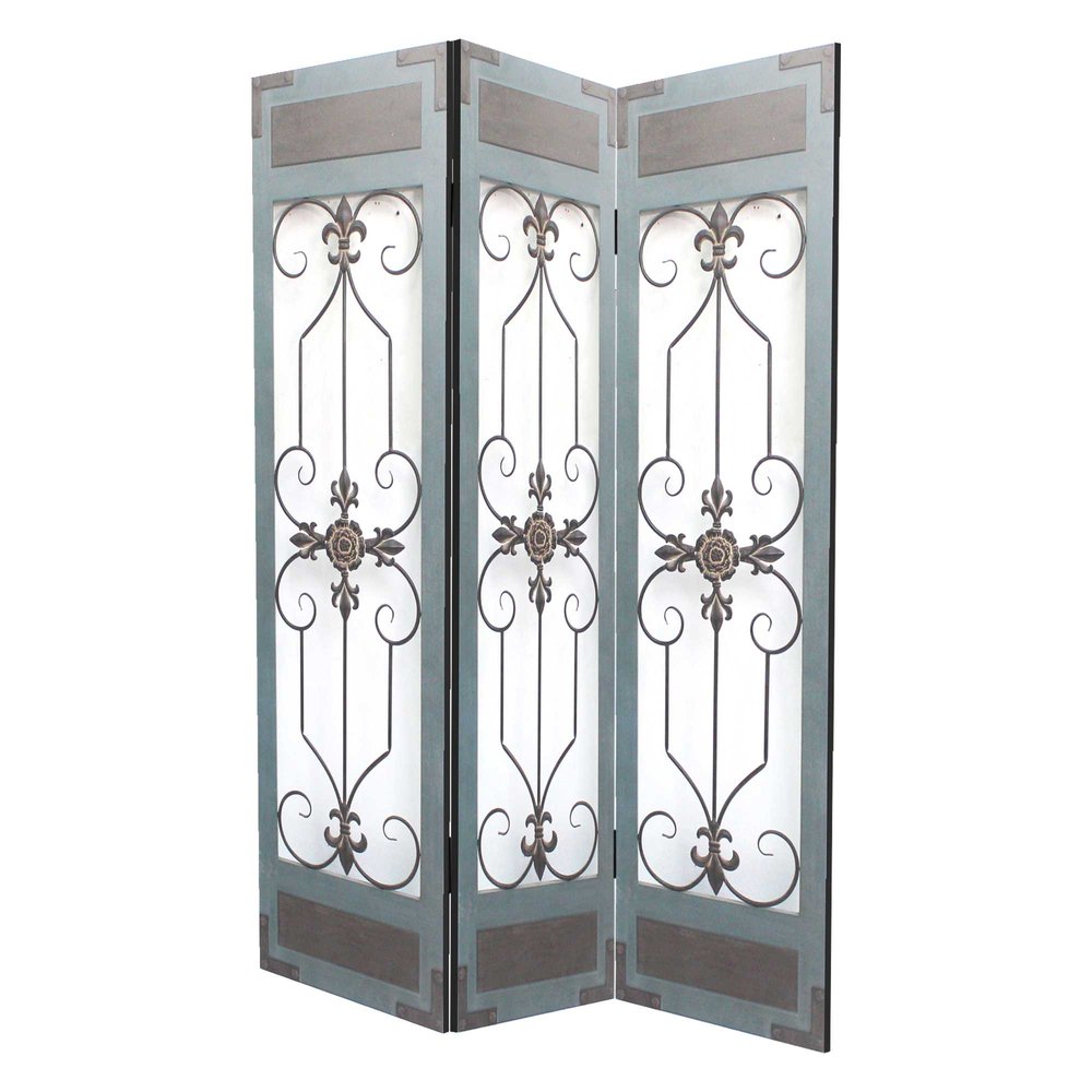 72" Blue Metal Folding Three Panel Screen Room Divider HomeRoots