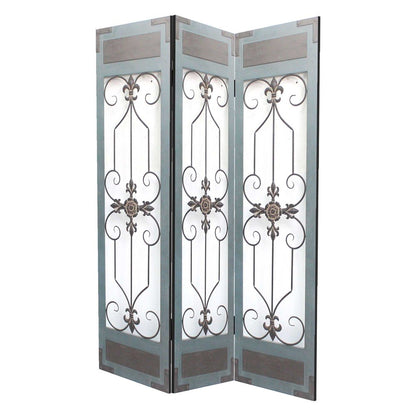 72" Blue Metal Folding Three Panel Screen Room Divider HomeRoots