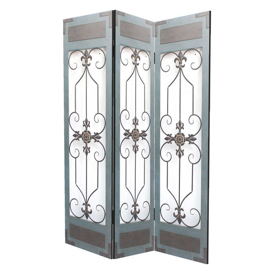 72" Blue Metal Folding Three Panel Screen Room Divider HomeRoots