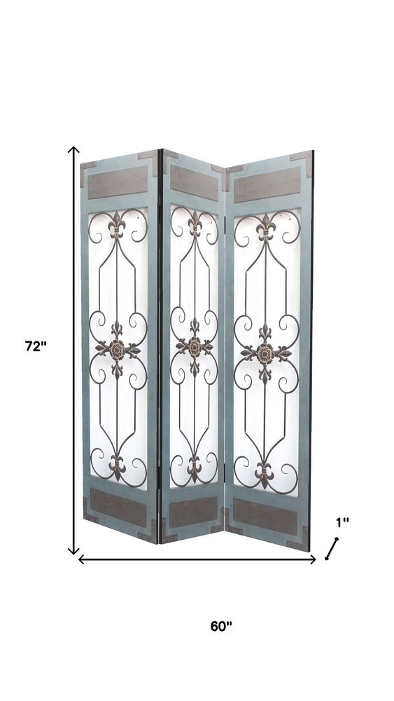 72" Blue Metal Folding Three Panel Screen Room Divider HomeRoots