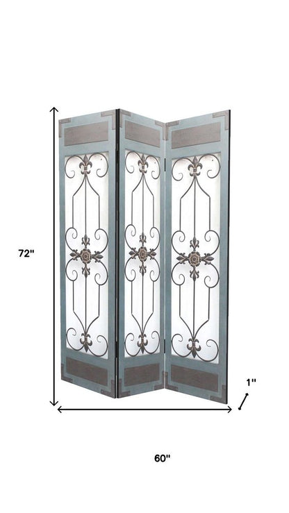 72" Blue Metal Folding Three Panel Screen Room Divider HomeRoots