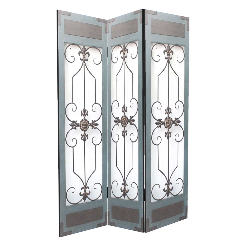 72" Blue Metal Folding Three Panel Screen Room Divider HomeRoots