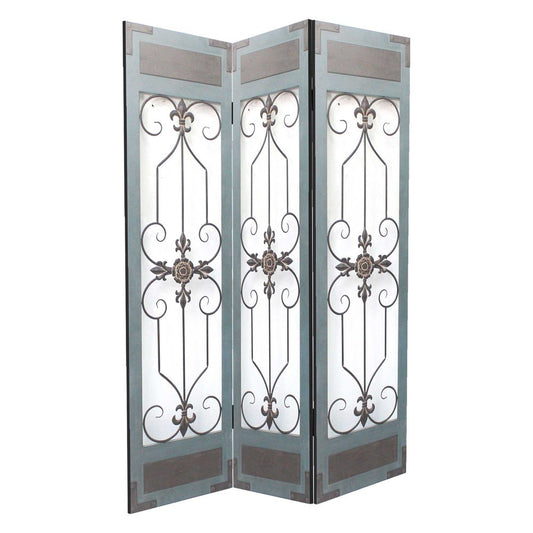 72" Blue Metal Folding Three Panel Screen Room Divider HomeRoots