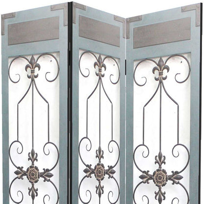 72" Blue Metal Folding Three Panel Screen Room Divider HomeRoots