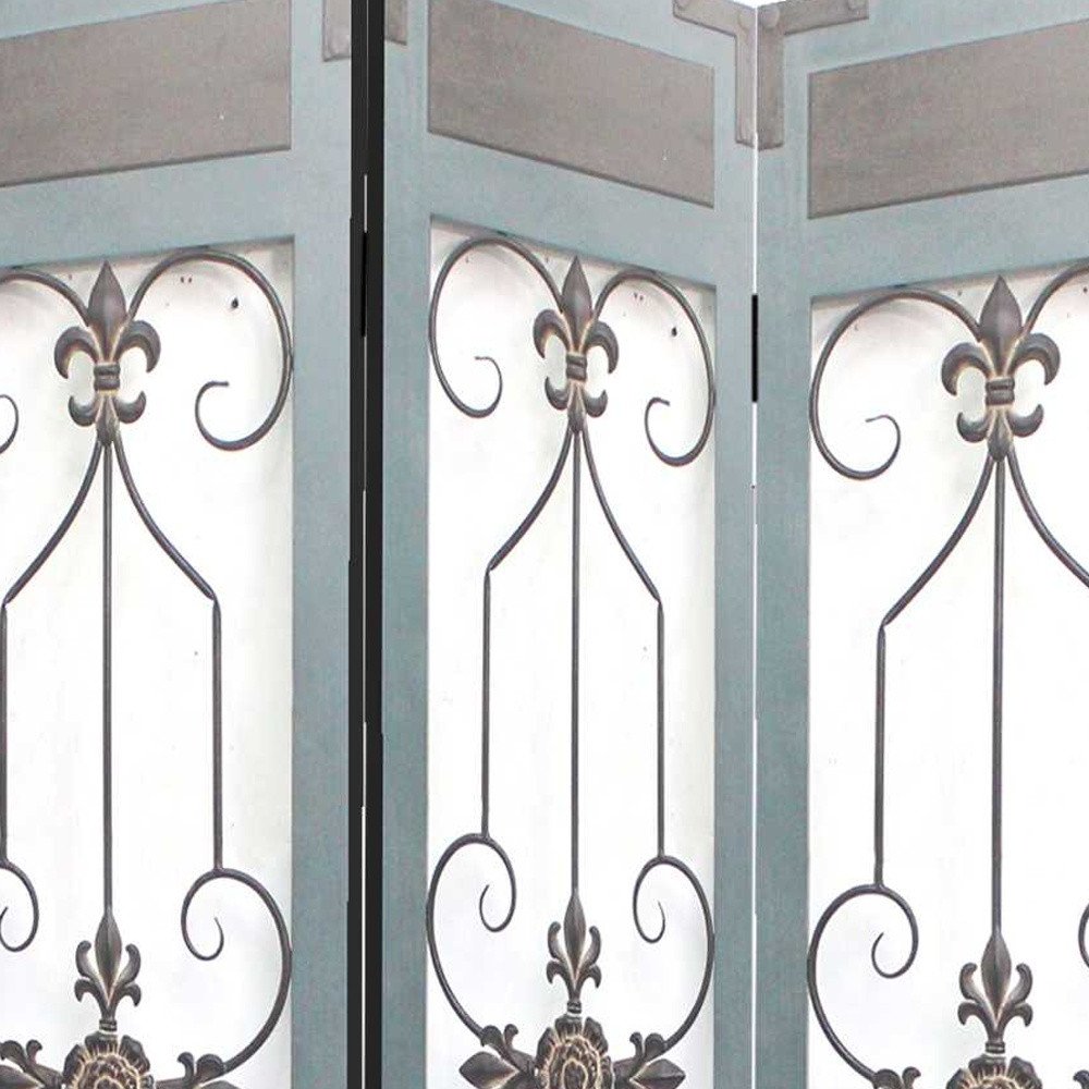 72" Blue Metal Folding Three Panel Screen Room Divider HomeRoots