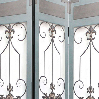72" Blue Metal Folding Three Panel Screen Room Divider HomeRoots